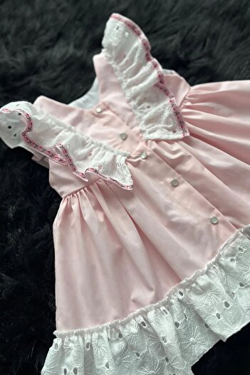 Bertuğ Bebek Fisto Fırfırlı Ve Kurdele Detaylı Poplin Kız Çocuk Bebek Pembe Elbise