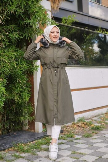 Vibeys Collection Khaki Fur Lined and Waterproof Women's Winter Coat & Coat