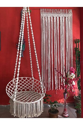 AslanButik Makrome Özel Örgü Burgu Halatlı Salıncak Hamak