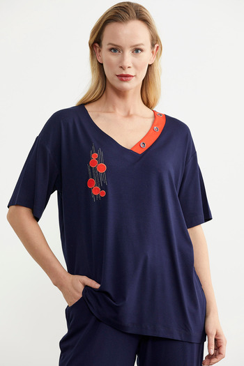 Sementa Navy Blue V-Neck Color Blocked Combed Cotton Suit