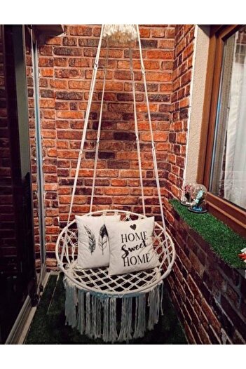 AslanButik Makrome Özel Örgü Salıncak Hamak Pamuk Ip Ekru 60 X 75