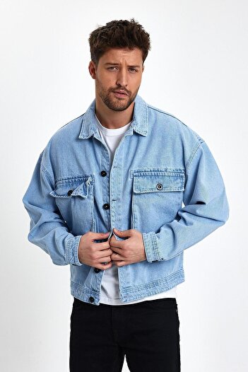 DAMGA JEANS Unisex Streetwear Jeans Oversize Καθημερινό Άνετο Τζιν Μπουφάν Ice Blue