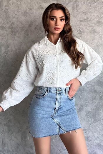 GÜLSELİ Openwork Women's Shirt - White Lined, Pearl and Stone Detailed