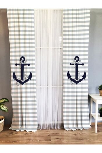 Evmila Printed Ship Anchor Patterned Single Wing Velvet Texture Background Curtain - Gray