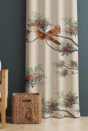 Evmila Printed Bird Patterned Living Room and Bedroom Single Wing Velvet Texture Background Curtain - White