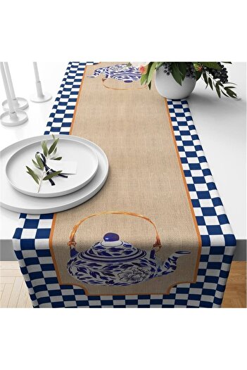 Evmila Runner din catifea cu model Gingham albastru