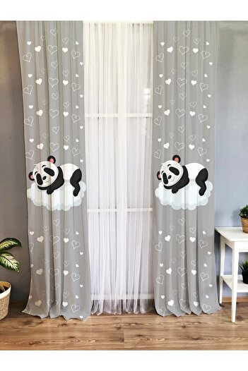 Evmila Printed Panda Sleeping in the Cloud Patterned Single Wing Velvet Texture Background Curtain - Gray