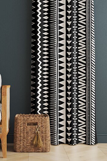 Evmila Printed Patterned Living Room and Bedroom Single Wing Velvet Texture Background Curtain - Black