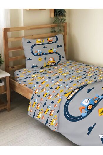 Evmila Double Sided Construction Machinery Patterned - Printed Single Duvet Cover Set Gray