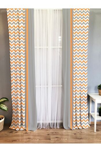 Evmila Printed Zigzag Patterned Single Wing Velvet Texture Background Curtain - Gray and Orange