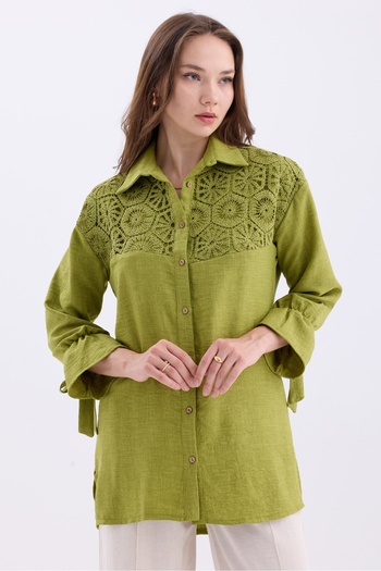 MD trend Γυναικείο πουκάμισο Oversize λινό με Brode Λεπτομέρεια και σκίσιμο - Μαζευμένο μανίκι