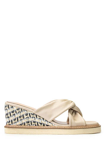 Tamer Tanca Beige Genuine Leather Women's Heeled Slippers