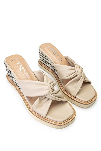 Tamer Tanca Beige Genuine Leather Women's Heeled Slippers