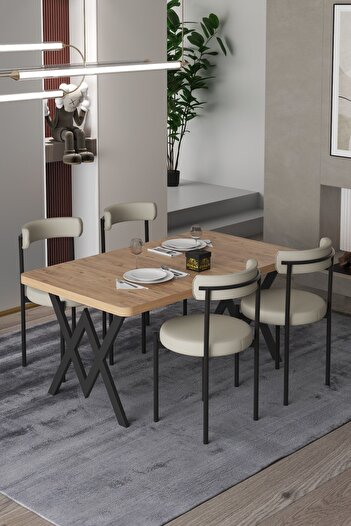 Cosargroup Ege 4 Kişilik Mutfak Masa Takımı -Krem Kumaş 70x110 WYemek Masası