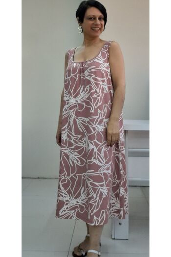 Mertcan Butik Dried Rose white printed front and back drawstring combed cotton Viscose Dress