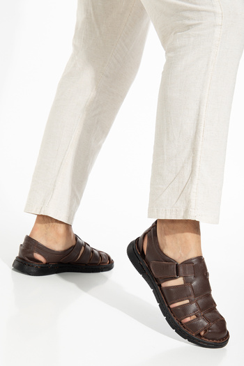 LİLLA Genuine Calf Leather - Closed Orthopedic Men's Sandals with Thick Pads and Velcro