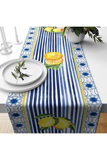 Evmila Blue Gingham Lemon Pattern Velvet Runner