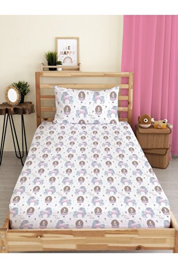Evmila Unicorn Patterned White Single Princess Bed Sheet Set - 100X200 cm Elastic