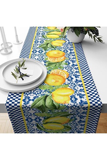 Evmila Blue Gingham Lemon Pattern Velvet Runner