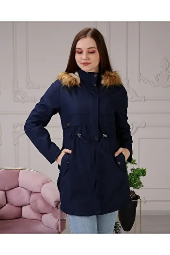 Vibeys Collection Navy Blue Fur Lined and Waterproof Large Size Oversize Women's Winter Coat & Coat