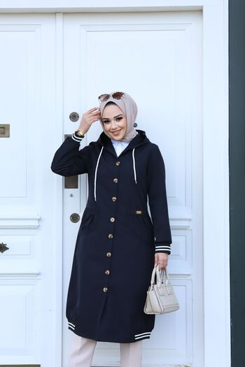 Vibeys Collection Γυναικεία καμπαρντίνα με μαύρη κουκούλα και κουμπιά αδιάβροχη ριμπ