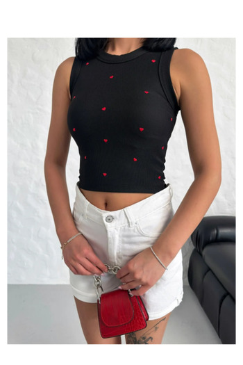 rockcity Black Crop Tank Top - Heart Embroidered
