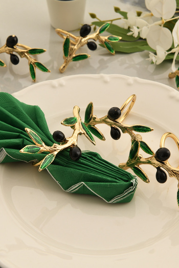 TR Turan Collection Gold Luxury 6-piece Olive Dali Napkin Ring - Green-black Enameled Olive Decorated Napkin Ring