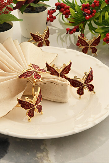 TR Turan Collection Butterfly Patterned Silver Napkin - Set of 6, Red Enamel Ring