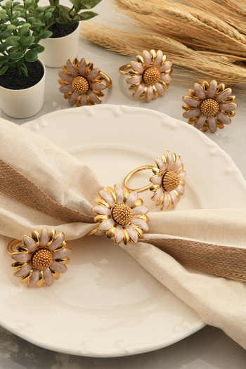 TR Turan Collection Papatya Gold Luxury 6-piece Napkin Ring - Cream Flower Model Ring