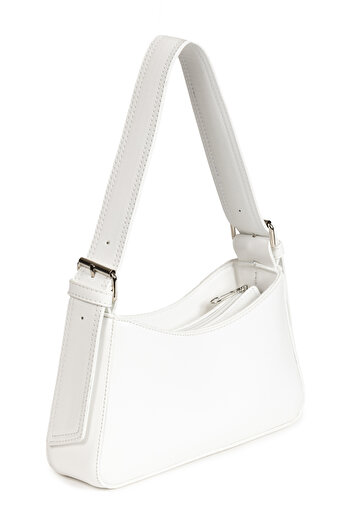 macharelbasic White Lined Women's Baguette Bag with Compartments - Strap Detail