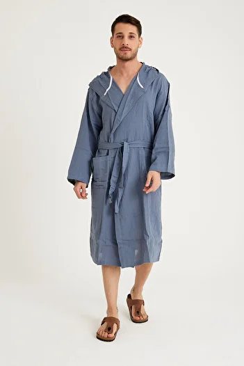 Miespiga Anthracite Long Men's Muslin Bathrobe - Hooded Cotton Beach Clothing
