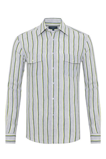 Germirli Soft Yaka Çift Kapak Cepli Tailor Fit Gri Yeşil Laci Çizgili Pamuk Keten Gömlek