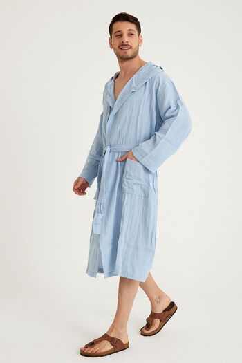 Miespiga Men's Muslin Bathrobe - Cotton Hooded Long Beach Clothing, Blue