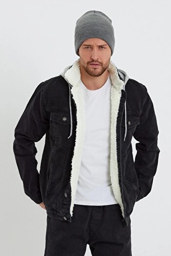 DAMGA JEANS Τζιν παλτό με κουκούλα με γούνα σε μαύρο χρώμα