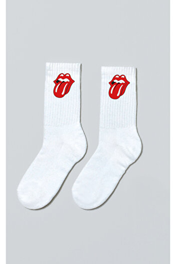 Darkia Unisex Λευκές ριμπ κάλτσες τένις για αγόρι - The Rolling Stones Printed