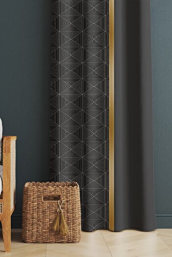 Evmila Printed Modern Patterned Living Room and Bedroom Single Wing Velvet Texture Background Curtain - Black