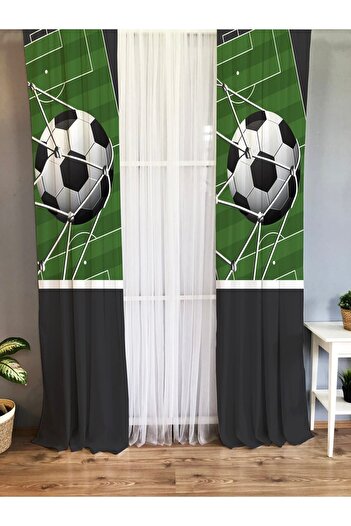 Evmila Printed Football Ball And Field Patterned Single Wing Velvet Texture Background Curtain - Green And Black