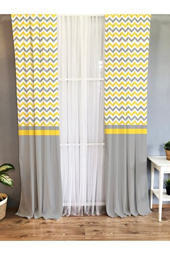 Evmila Printed Zigzag Patterned Single Wing Velvet Texture Background Curtain - Gray and Yellow