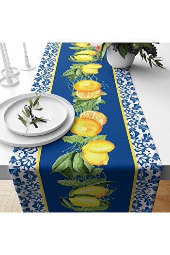 Evmila Blue Gingham Lemon Pattern Velvet Runner
