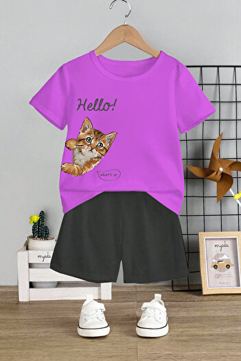 MYADA Hello Kitten Printed Unisex Kids Set - Crew Neck, Elastic Shorts, Set of 2 11106