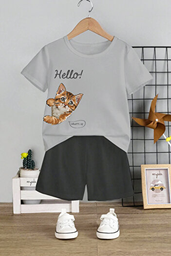 MYADA Hello Kitten Printed 2-Piece Kids Set - Crew Neck and Elastic Shorts 11106