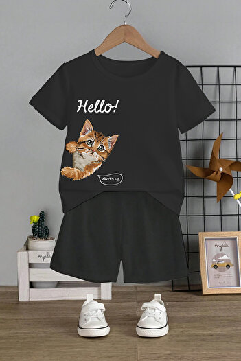 MYADA Hello Kitten Printed 2-Piece Kids Set - Crew Neck and Elastic Shorts 11106