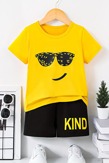 MYADA Smile Printed Children's Set - Crew Neck, Elastic Shorts, Glasses, Set of 2 20560