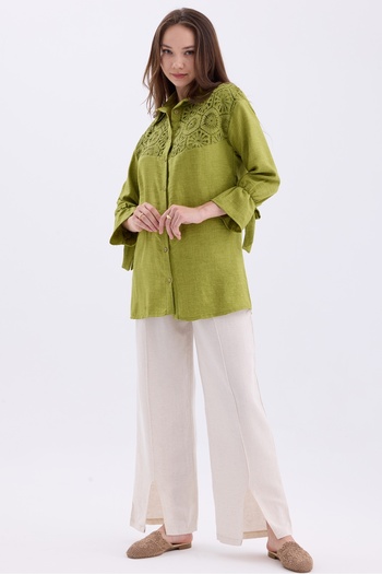 MD trend Γυναικείο πουκάμισο Oversize λινό με Brode Λεπτομέρεια και σκίσιμο - Μαζευμένο μανίκι