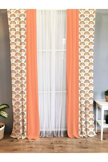 Evmila Orange Single Winged Rainbow Patterned Velvet Curtain