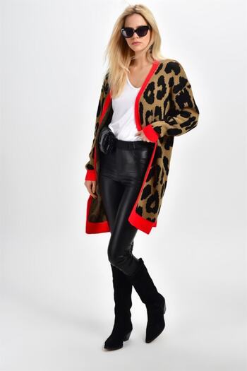 AQE FASHION Camel Leopard Patterned Red Cardigan