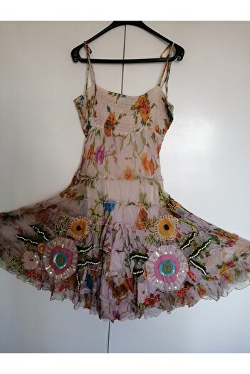 Butik Tülin Otantik Şifon Çok Renkli Aplikeli Pul Boncuk El Işi Nakışlı Elbise