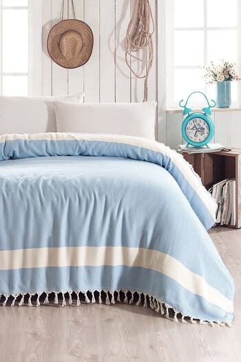 Lux Touch Crystal B.blue Double Bedspread 200 X 230 Cm Piqué Cotton Sofa Armchair Cover with Tassels