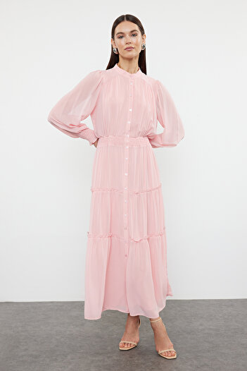 Trendyol Modest Gipe Φόρεμα σιφόν από ξηρό τριαντάφυλλο με λεπτομέρειες και επένδυση - TCTSS24EB00046