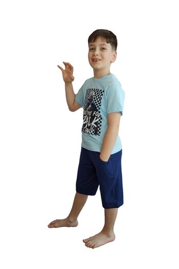 Bluence Boy's Waiter Cotton Blue Capri Suit